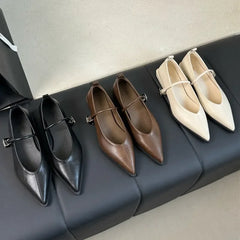 LBSFY -Pointed Toe Women Shoes Buckle Strap Solid Color Retro Designer Brand Low Heel Shallow Female Shoes Leather Concise Casual Shoes