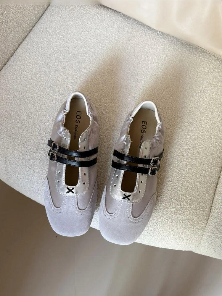 LBSFY -Silver Ballet Flats Women's Soft Leather Sport Mary Jane Ribbon Embellished Adult 1 Slip-on Casual Shoes