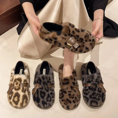 LBSFY  -  2025 Fashion Leopard Fur Ballet Flats Woman Curly Cotton Buckle Strap Mary Jane Shoes Ladies Winter Warm Plush Shallow Loafers