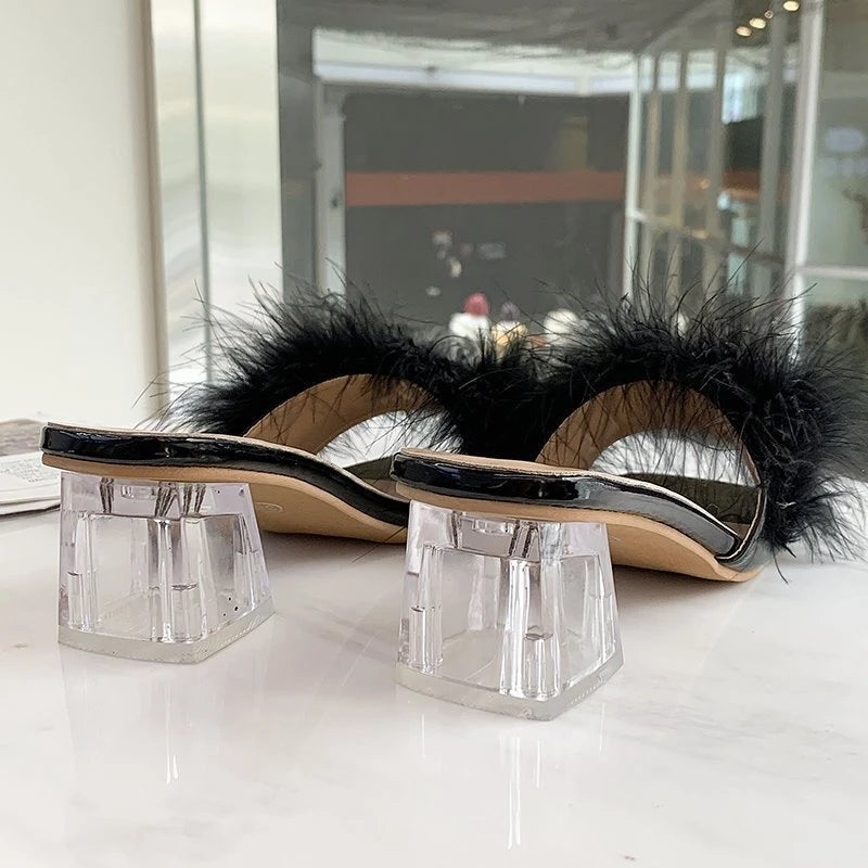 LBSFY -Fashion Slippers Women's Summer New Open Toe Plush Fox Fur Chunky with Flip Flops Sexy Home Banquet Square Toe Simple Pumps