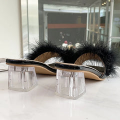 LBSFY -Fashion Slippers Women's Summer New Open Toe Plush Fox Fur Chunky with Flip Flops Sexy Home Banquet Square Toe Simple Pumps