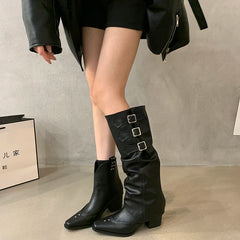 LBSFY  -  Designer Autumn Cowboy Boots For Women Fashion Slip On Long Knight Boots Female Square High Heel 2024 Winter Footwear