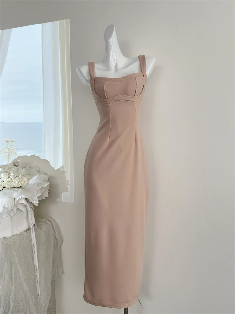LBSFY -Women's French Vintage Solid Sling Dresses Summer Elegant Square-Collar Split Sexy Zipper Midi Dress Office Lady Party Vestidos