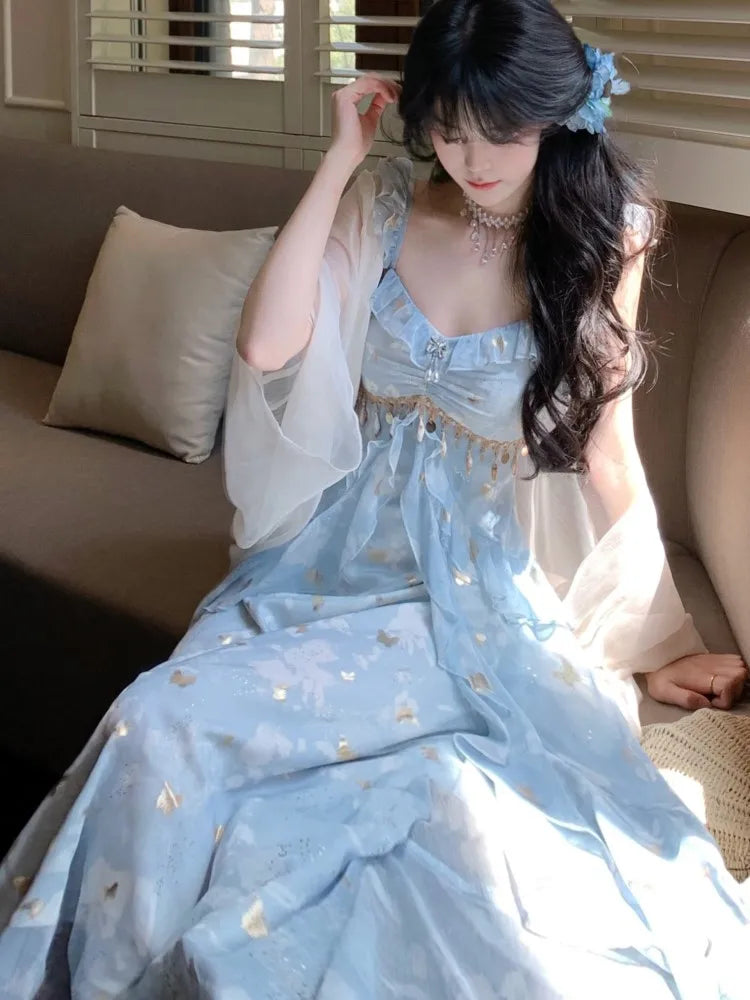 LBSFY -Summer French Fairy Print Long Dresses Women Fashion Ruffles Elegant A-Line Birthday Party Vestido Female One Piece Clothes New