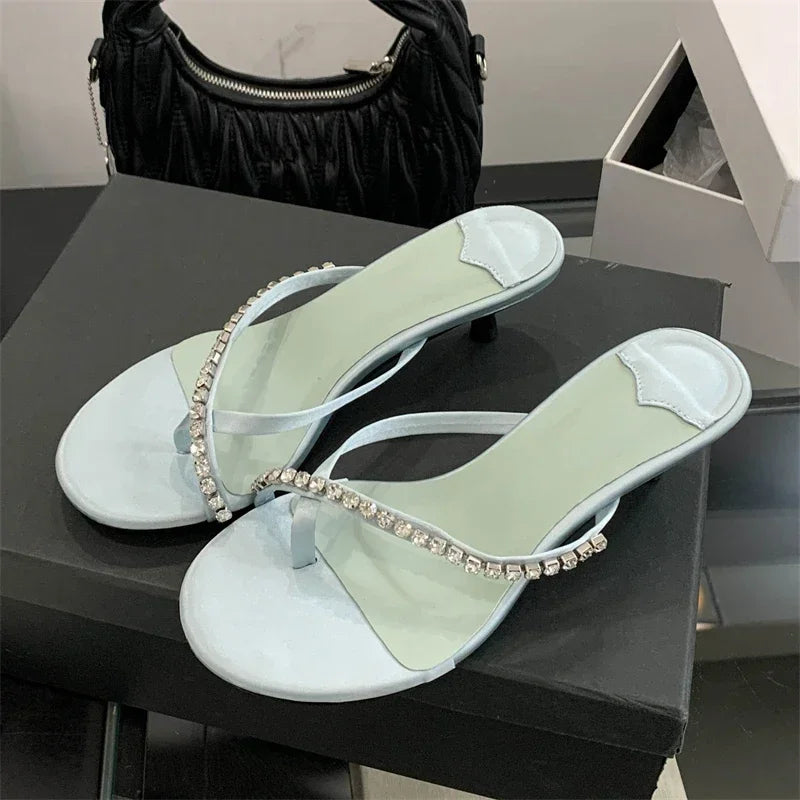 LBSFY -Summer Fashion Crystal Clip Toe Slippers Women Elegant Low Thin Heels Sandals Flip Flops Slide Shoes Zapatos De Mujer