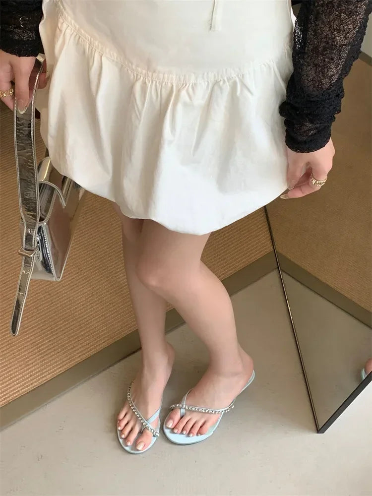 LBSFY -Summer Fashion Crystal Clip Toe Slippers Women Elegant Low Thin Heels Sandals Flip Flops Slide Shoes Zapatos De Mujer