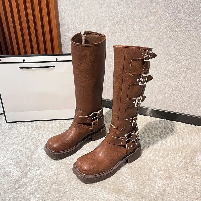 LBSFY  -  Ins style Fashion Metal Buckle Real Leather Women Motorcycle Boots Vintage Autumn Winter Gothic Platform Knee-high Boots Shoes