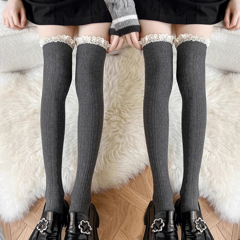Lbsfy Japanese JK Lace Socks Lolita Lace Stockings Women Knitted Pattern Girls Cute Elegant Solid Color Winter Warmer Floor Hosiery