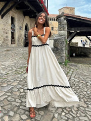 LBSFY  -  Women Elegant Contrast Pleated Hem Loose Long Dress Casual Square Neck Sleeveless Backless Vestido 2025 Chic Lady Vacation Robes