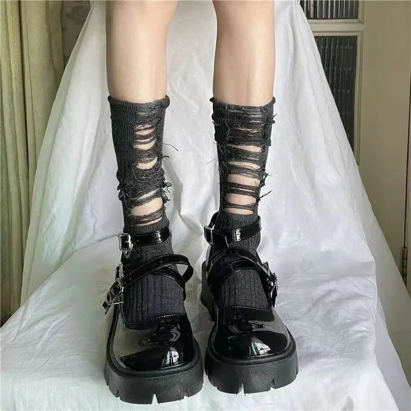 Lbsfy Punk Gothic Ripped Leg Warmer Japanese Jk Leg Cover Breathable Dark Y2k Hot Girl Stockings Women Harajuku Knit Boot Cuff Socks