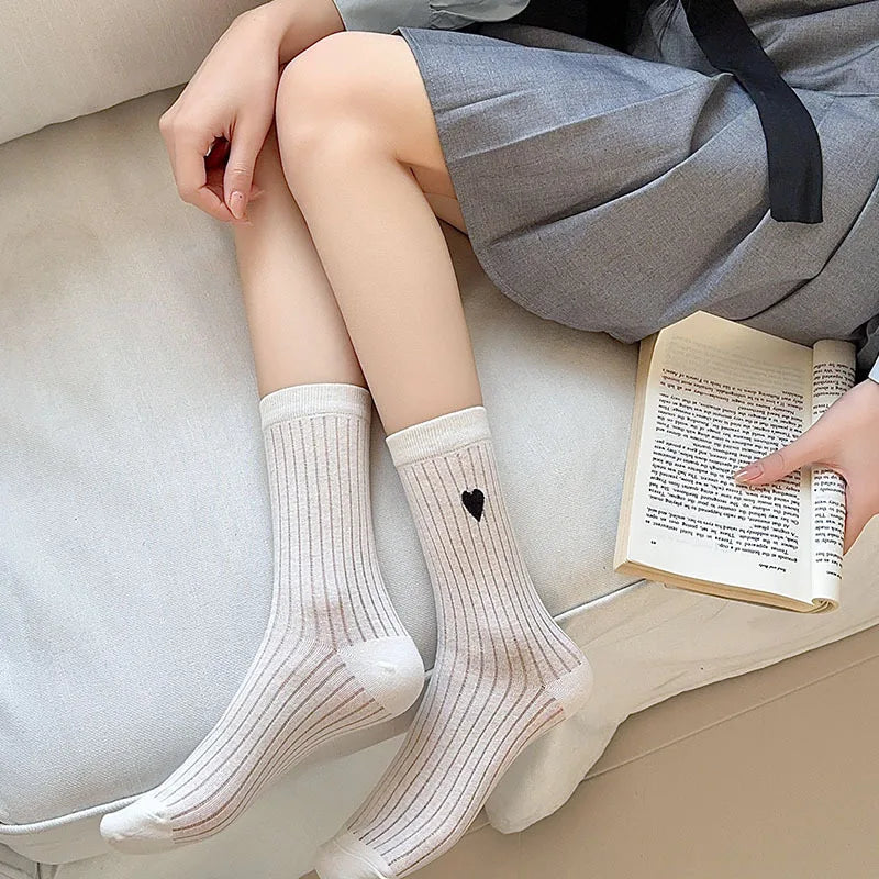 Lbsfy Women Socks Cotton Female Japanese Sweet Style Love Embroidered Mid-tube Spring Summer Thin Cute Girls Solid Color Stripe Socks