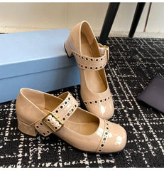 LBSFY  -   Fashion Patent Leather Hollow out Mary Janes Women Pumps Spring Summer Vintage Belt Buckle Chunky heels Girl Shoes Zapatos Mujer