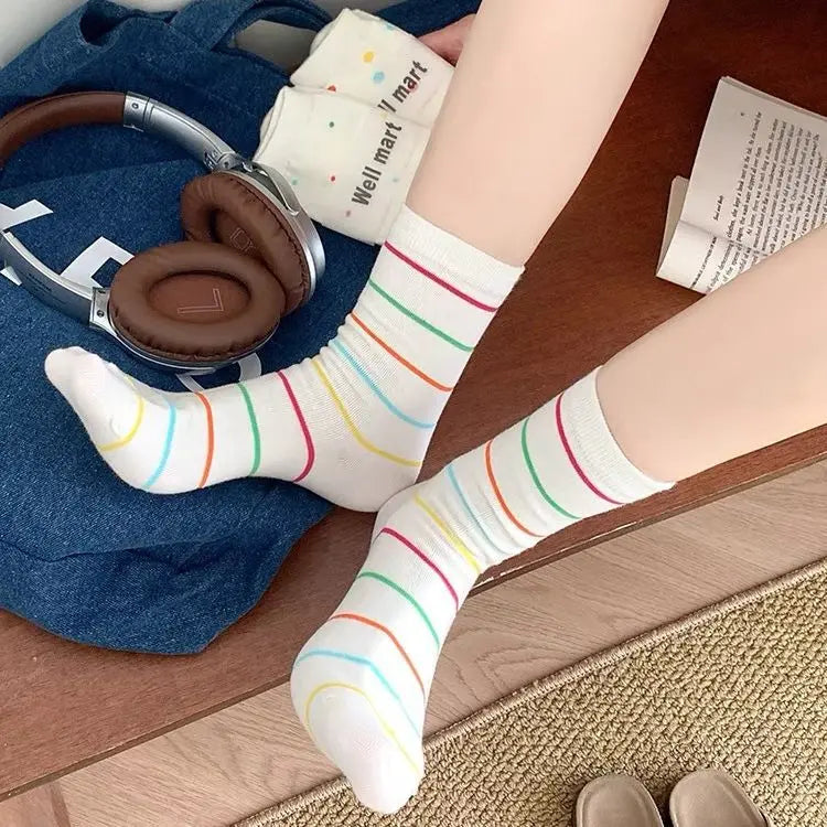 Lbsfy Women Socks Cotton Spring Autumn Winter Streetwear Harajuku Sock Girls Gift White Striped Polka Dots Socks Calcetines Kawai Soks