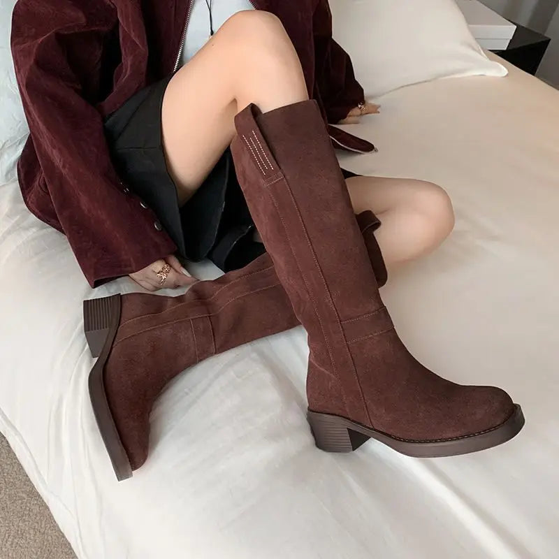 LBSFY  -  Cow Suede Knee High Boots Women Slip On Square Mid Heels Thick Fur Warm Winter Boots Handmade Retro Shoes