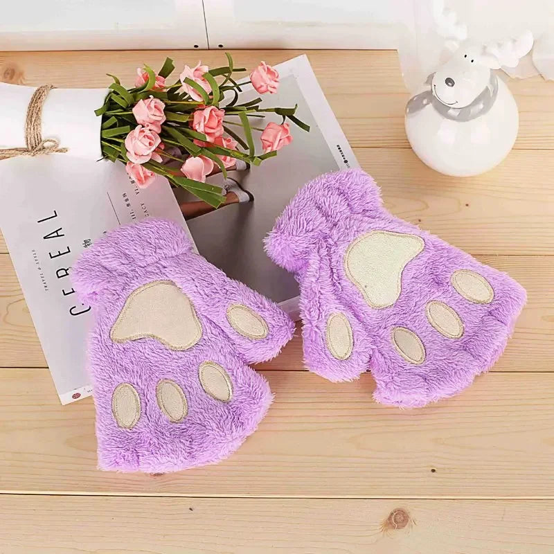 Lbsfy 1Pair Winter Gloves Women Bear Plush Cat Paw Claw Cute Kitten Fingerless Mittens Christmas Halloween for Girls Gift Gloves