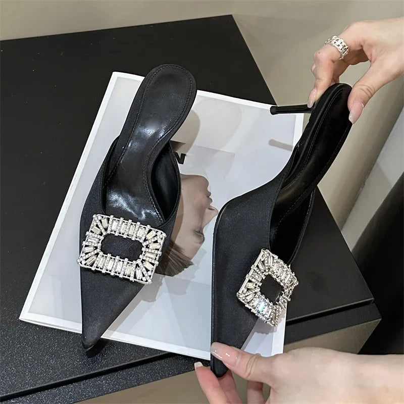 LBSFY -Spring Pointed Toe Crystal Buckle Mules Slippers Women Fashion Thin Heels Casual Party Shoes Zapatos De Mujer