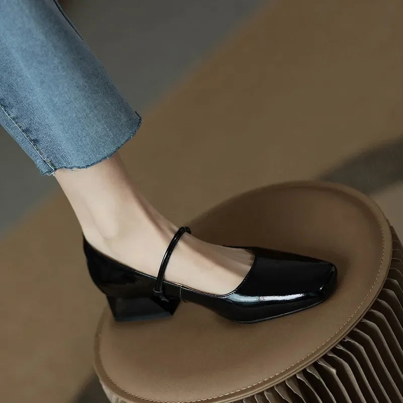 LBSFY -Elegant High Heels French Dress Party Shoes for Woman Platform Patent Leather Mary Jane Burgundy Black Square Toe Mid-heel Pumps