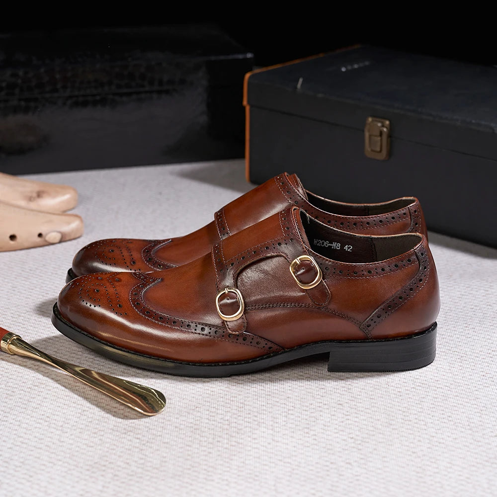 LBSFY  - Classic Brogue Men's Double Buckle Monk Strap Dress Shoes for Men Genuine Leather Wingtip Business Office Wedding Formal Shoes