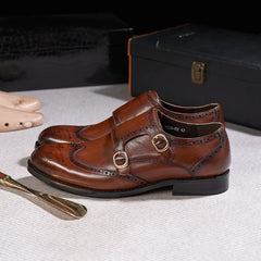 LBSFY  - Classic Brogue Men's Double Buckle Monk Strap Dress Shoes for Men Genuine Leather Wingtip Business Office Wedding Formal Shoes