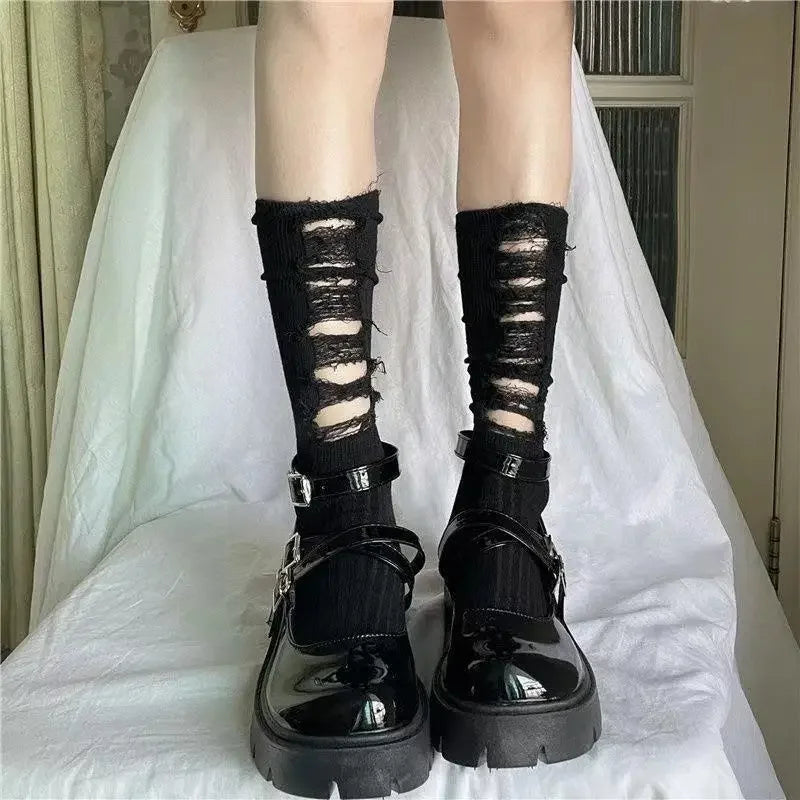 Lbsfy Punk Gothic Ripped Leg Warmer Japanese Jk Leg Cover Breathable Dark Y2k Hot Girl Stockings Women Harajuku Knit Boot Cuff Socks