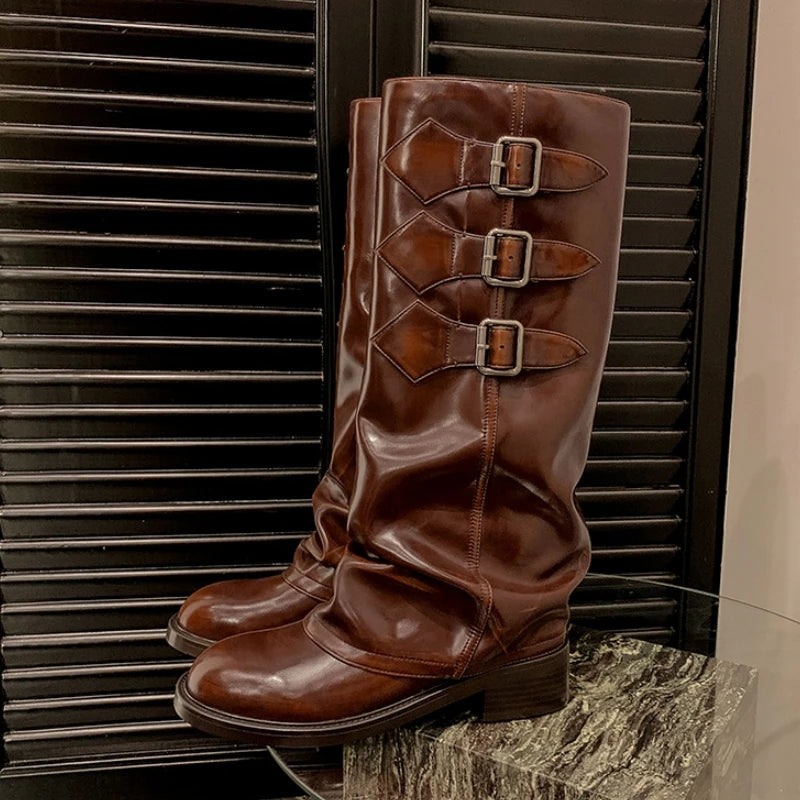LBSFY  -  Round Toe Belt Buckle Thick Heel Boots Designer Winter Stitching Slip-On Shoes for Women Genuine Leather Knee-High Botas Mujer