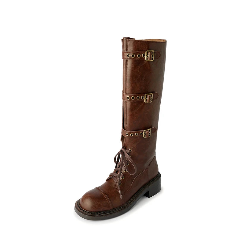 LBSFY  -  2025 New Genuine Leather Boots Women Buckle Autumn Winter Knee High Boots Ladies Motorcycle Boots Size 34-40