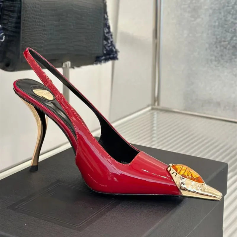LBSFY  -  Star style Gemstone Metal Toe Patent Leather Women Pumps Fashion Stiletto High heels Spring Autumn Slingbacks Party Dress Shoes