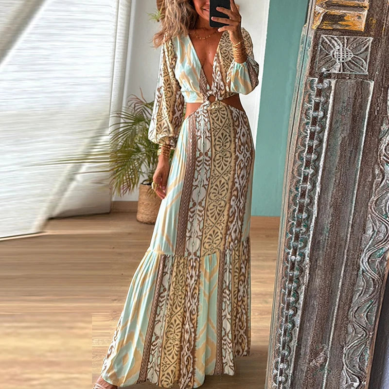 LBSFY  -  Casual Bohemian Holiday Maxi Dress Sexy Deep V Hollow High Waisted Beach Dress Spring Summer Long Sleeved Pleated Women's Dress