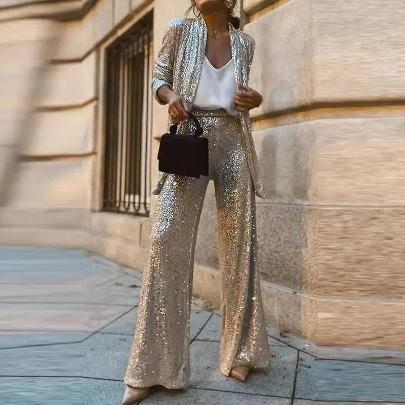 LBSFY  -  Autumn Sequin Sparkling Casual Elegant Vacation Set Y2K Sparkling Cardigan Long Sleeved Top & Wide Leg Pants Christmas Suit  New