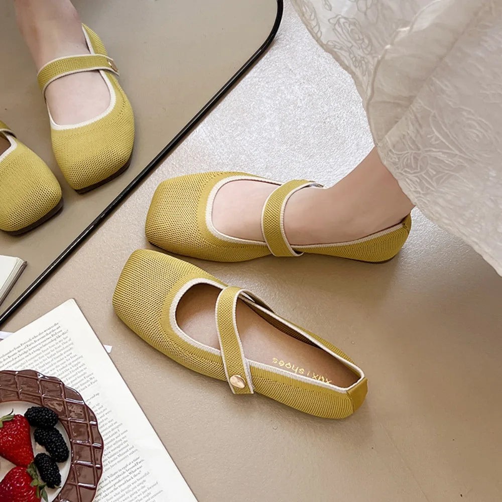 LBSFY -Women Flat Shoes New Cross-border Single Button Fly Woven Mary Jane Pea Shoes Woven Breathable Women Shoes Single Shoe