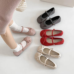 LBSFY -Elegant Bowknot Ballerina Women's Flat Round Toe Comfort Slip-On Ladies Loafers Leather Single Mules Shoes