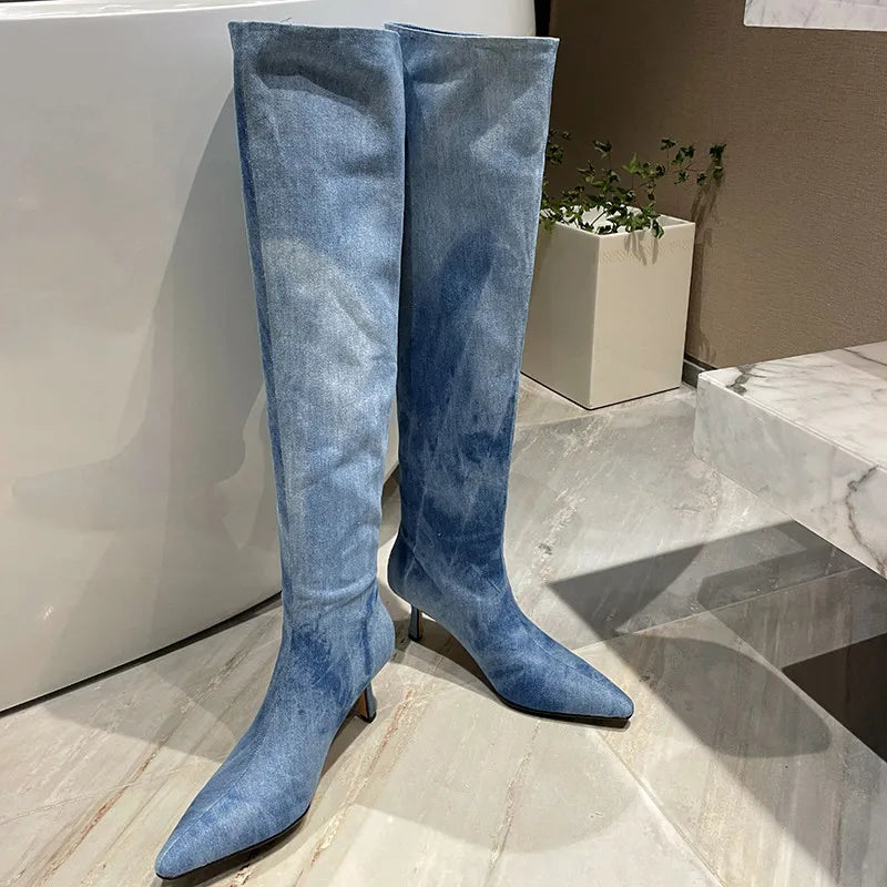 LBSFY  -  Fashion Knee-High Women Boots New High Quality Denim Boots Pointed Toe Wide Tube High Heel High Boots Street Hot Girl