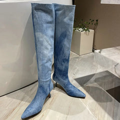 LBSFY  -  Fashion Knee-High Women Boots New High Quality Denim Boots Pointed Toe Wide Tube High Heel High Boots Street Hot Girl