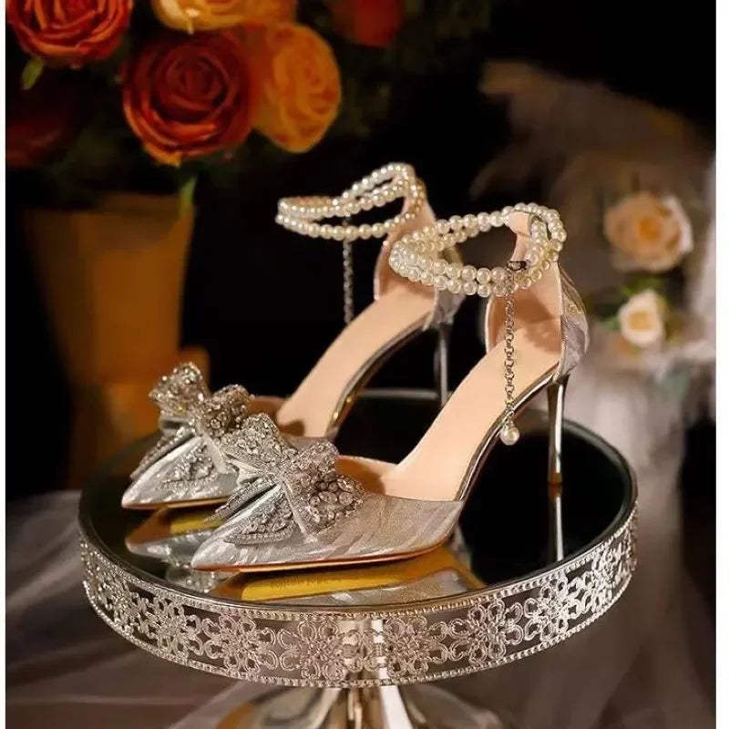LBSFY -Spring Summer Fashion Pointed Toe Sandals Women's Rhinestone Pearl Butterfly Gold Silver High Heels Party Wedding Heeled Shoes