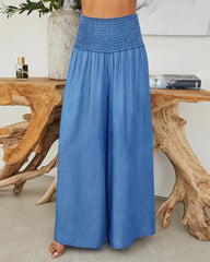LBSFY  -  Spring Summer New Women's Clothing Light Blue High Waist Smocking Wide Leg Jeans Casual