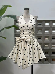 LBSFY -Elegant Dot Halter V-Neck Mini Dress Backless A-Line Gowns Women's Clothing Summer Beach Slimming Holiday Dresses Vestidos