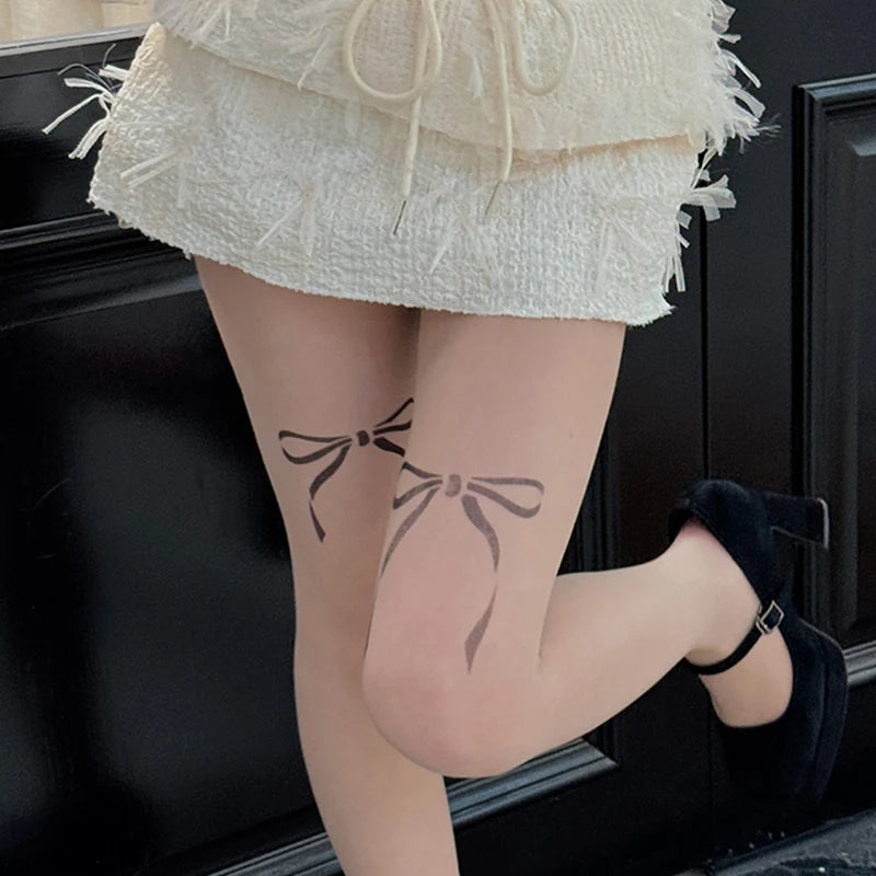 Lbsfy Women Tattood Stockings Korean Bow Printed Silk Tights Socks Sexy Print Pantyhose Japanese Lolita JK Cosplay Party Black Tights