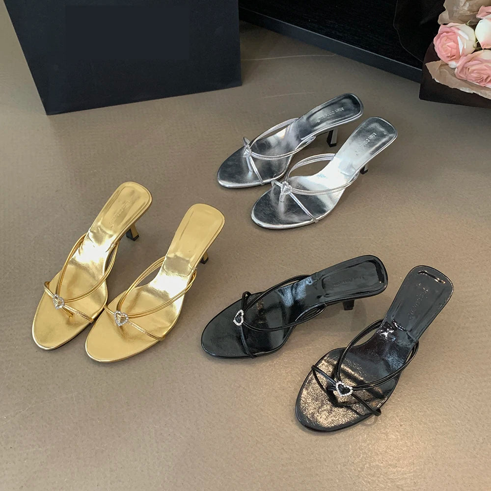 LBSFY  -  Fashion Women Slippers Summer Dress Shoes Thin High Heels Black Gold Silver Shallow Slip On Rhinestone Buckle Slippers Pumps