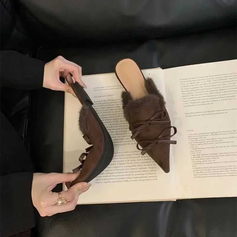 LBSFY  -   Women Flats Mules Shoes Fur Pointed Toe Fashion Slippers Winter New  Trend Designer Slingback Elegant Mujer Zapatillas