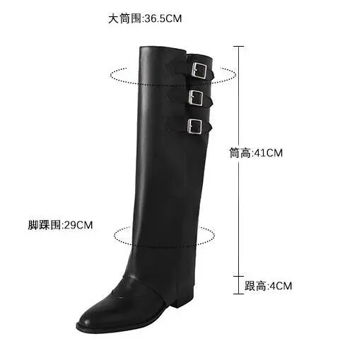 LBSFY  -  Hot Girls Brown Black Real Cow Leather Belt Buckles Round Toe Rivet Slip On Knee High Boots 4 CM Med Heels Two Ways Wear Boots