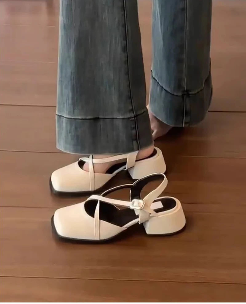 LBSFY -Designer Cover Toe Women Mary Jane Shoes Fashion Cross Buckle Singbacks Shoes 2025 Spring Female Thick Heel Shoes