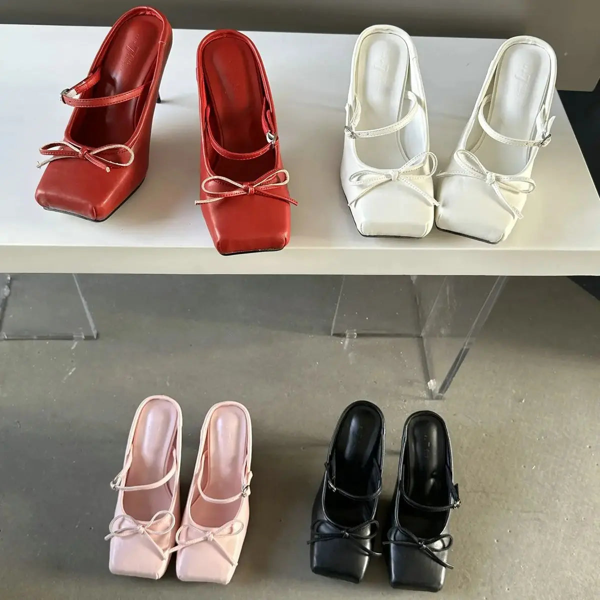 LBSFY  -   Women Mule High Heel Shoes Red Pu Leather Silppers Bow Summer Fashion Pumps Mule