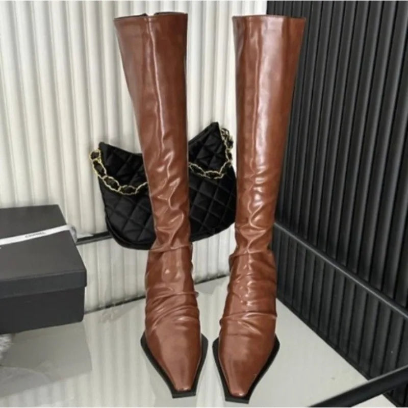 LBSFY -New Stretch Soft Leather Women Over the Knee High Boots Fashion Pointed Toe Shoes Autumn Winter Thick Heel Ladies Long Booties