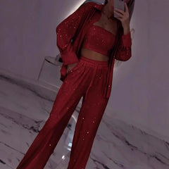 LBSFY  -  Female Long Sleeve Shirt + Tube Tops Tank + Wide Leg Pants Suit for Women 2025 Party Fashion Women Sequins Outfit 3Pcs Sets