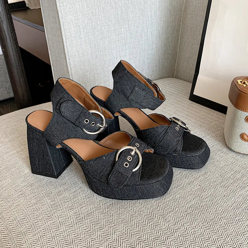 LBSFY  -  Fashion Sandals Women New High Quality Denim Open Toe Belt Buckle High Heel Sandals Summer Modern Open Shoes