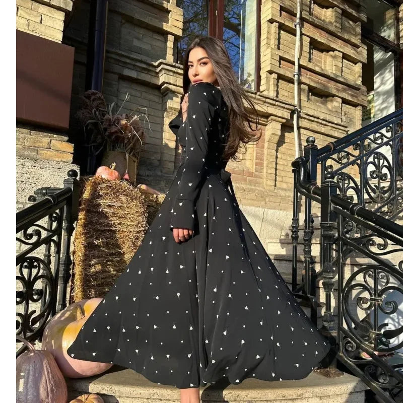 LBSFY  -  Floral Print Casual Long Sleeve Maxi Dresses High Waist Lace-up Dress for Women Female O-Neck Beach Boho Chic Dress Elegant Robe