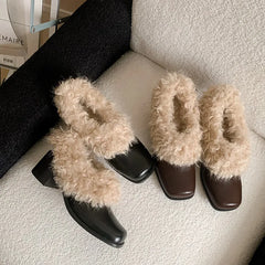 LBSFY  -  Fashion Pumps New High Quality Genuine Leather Wool Shoes Square Head High Heel Leather Shoes Winter Warm Shoes Women