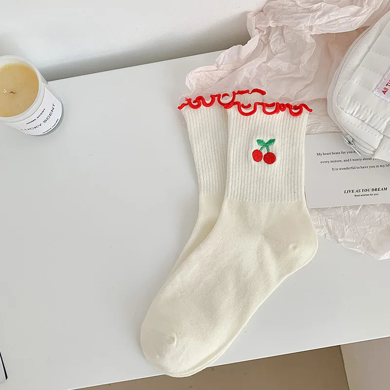 Lbsfy Women Socks Cotton Cute Rabbit Cherry Love Print Striped Ruffle Female Cartoon Animal Embroidery Stockings White Student Socks