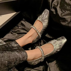 LBSFY  -  Fashion Pleated Mary Jane Women Flats Shoes Square Toe Shallow Slip On Ladies 2024 Autumn Silvery Soft Ballet Slingback Shoes