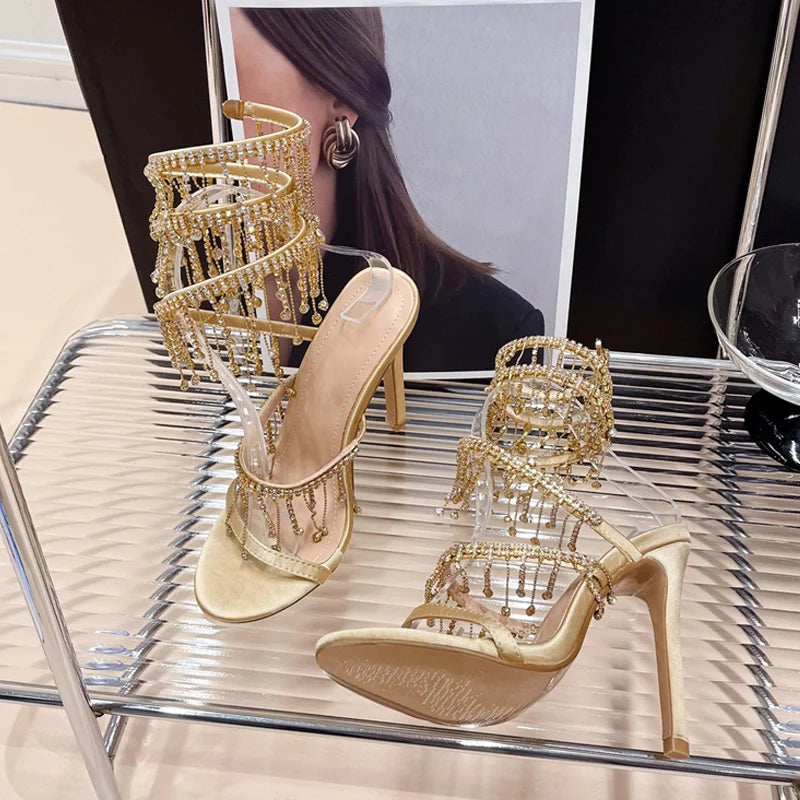 LBSFY  -Elegant Women Wedding Banquet Shoes Fashion Crystal Tassel Twining Stiletto Sandals Sexy Open Toe Stripper Heels Golden